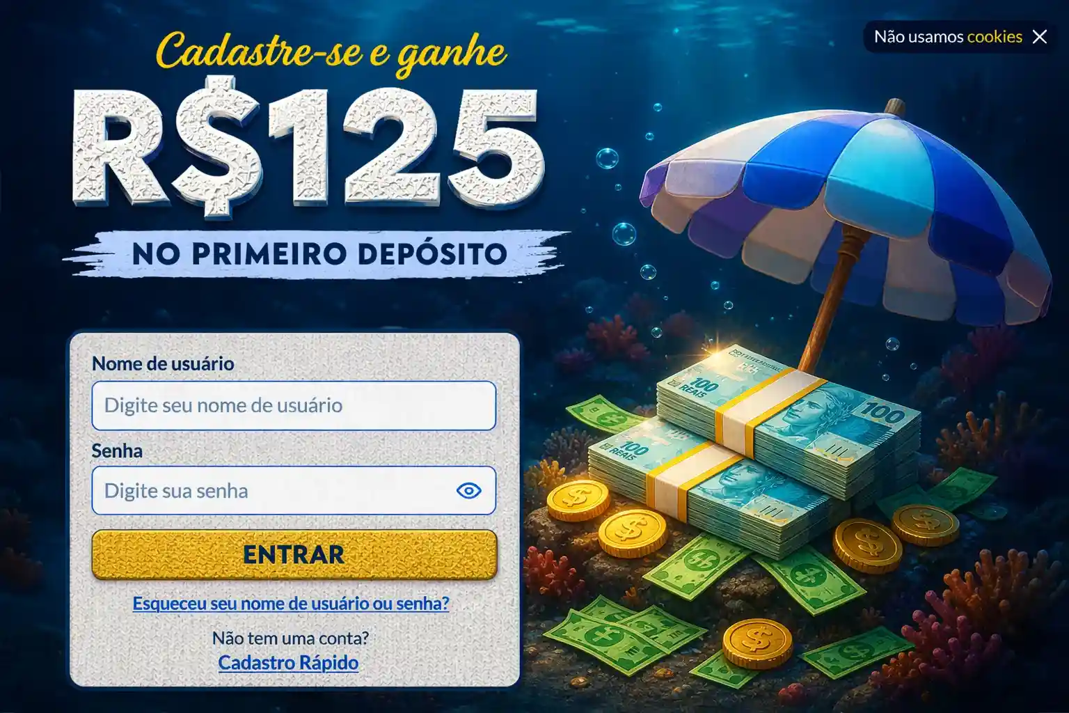 Tela de cadastro com bônus no primeiro depósito em casino online